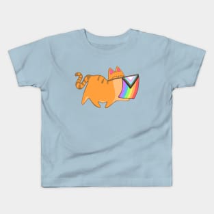 Pride Progress Flag Cat Rainbow LGBTQIA Chibi Orange Tabby Cat Kids T-Shirt